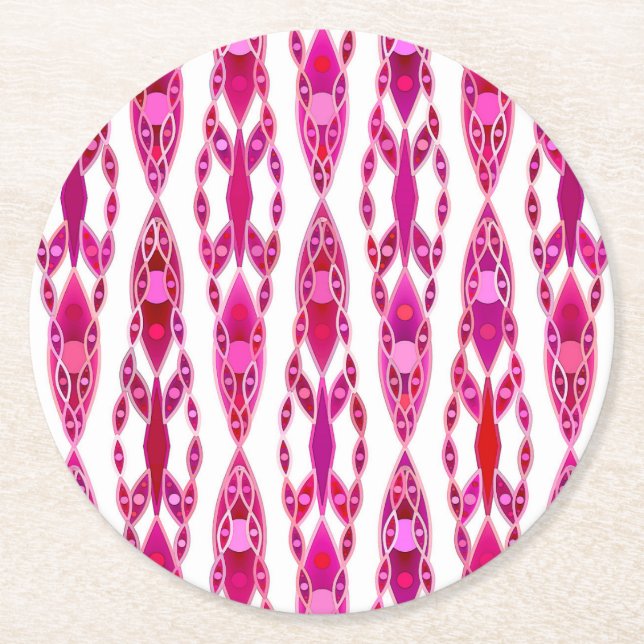 Tribal Batik - Burqundy and Fuchsia Pink Round Paper Coaster (Front)