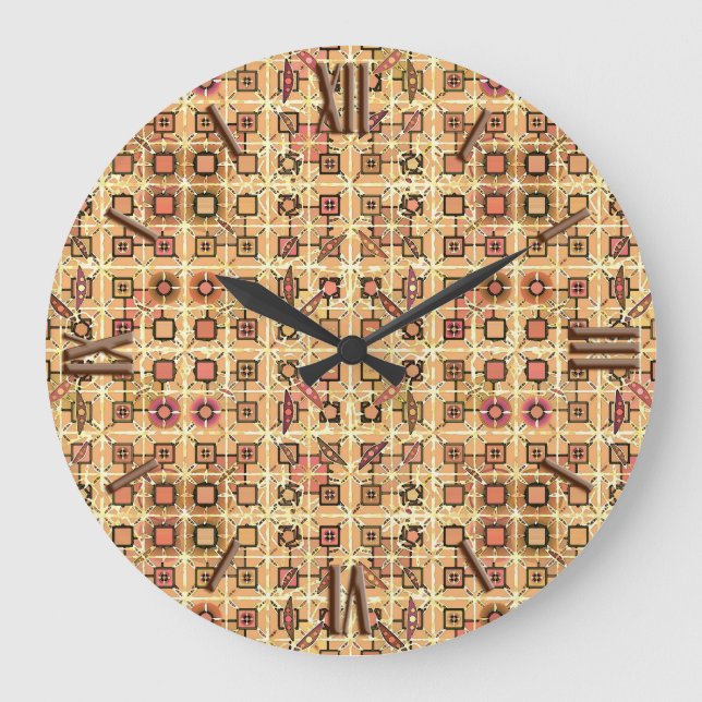 Tribal Batik - chocolate brown and camel tan Large Clock (Front)