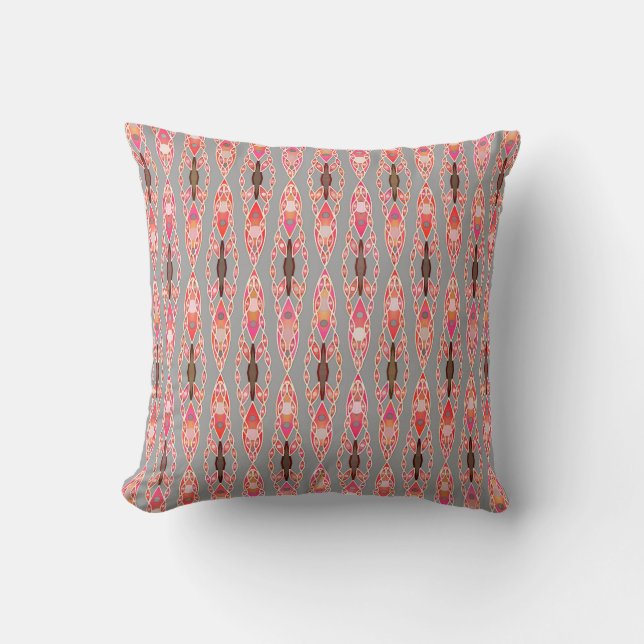 Tribal Batik - Coral Pink and Silver Grey Cushion (Front)