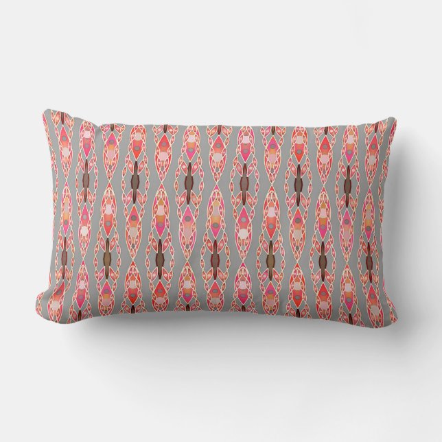 Tribal Batik - Coral Pink and Silver Grey Lumbar Cushion (Front)