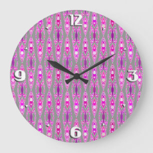 Tribal Batik - Fuchsia Pink, Violet and Grey Large Clock