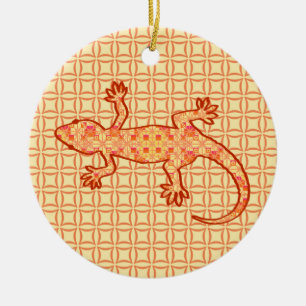 Tribal batik Gecko - coral and light orange Ceramic Tree Decoration