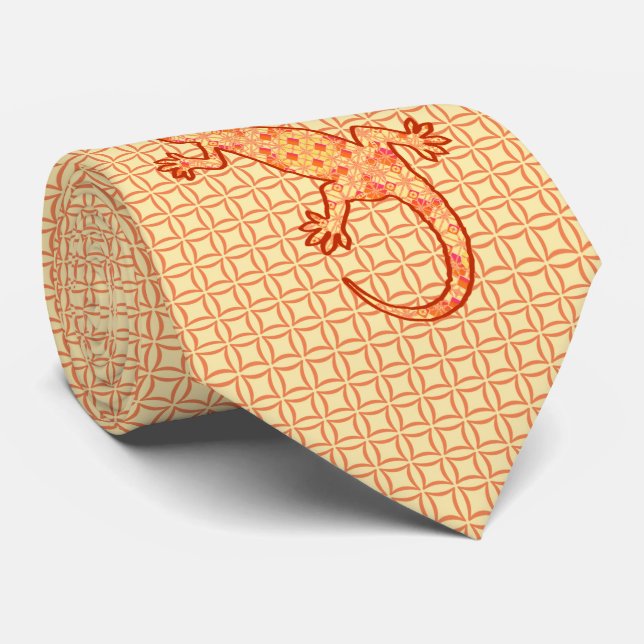 Tribal batik Gecko - coral and light orange Tie (Rolled)