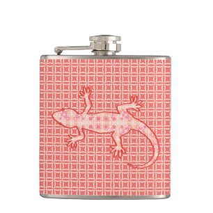 Tribal batik Gecko - coral pink and cream Hip Flask