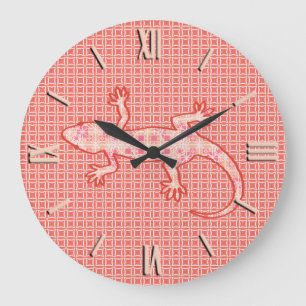 Tribal batik Gecko - coral pink and cream Large Clock