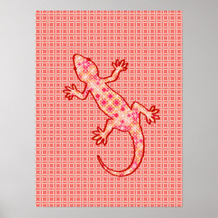 Tribal batik Gecko - coral pink and cream Poster