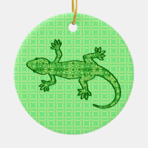 Tribal batik Gecko - lime and emerald green Ceramic Tree Decoration