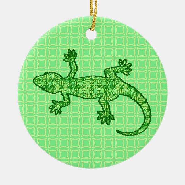 Tribal batik Gecko - lime and emerald green Ceramic Tree Decoration (Front)