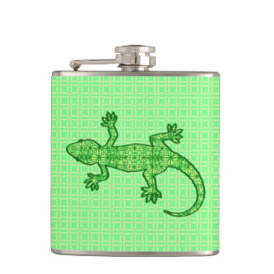 Tribal batik Gecko - lime and emerald green Hip Flask