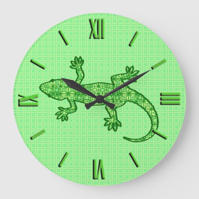 Tribal batik Gecko - lime and emerald green Large Clock (Front)