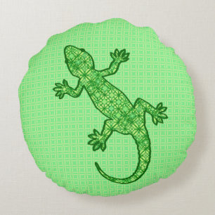 Tribal batik Gecko - lime and emerald green Round Cushion