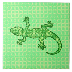 Tribal batik Gecko - lime and emerald green Tile