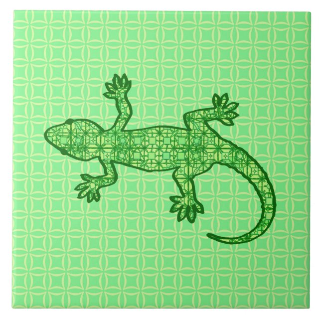 Tribal batik Gecko - lime and emerald green Tile (Front)