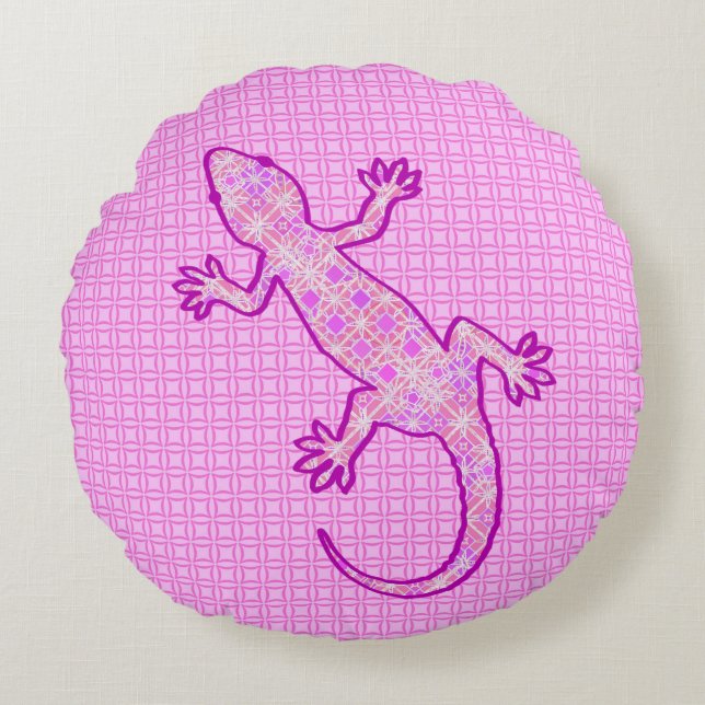 Tribal batik Gecko - orchid and shell pink Round Cushion (Front)