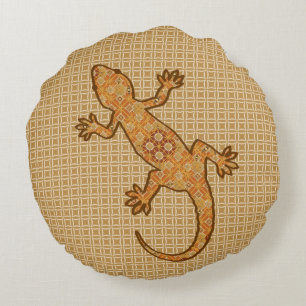Tribal batik Gecko - rust, amber and tan Round Cushion