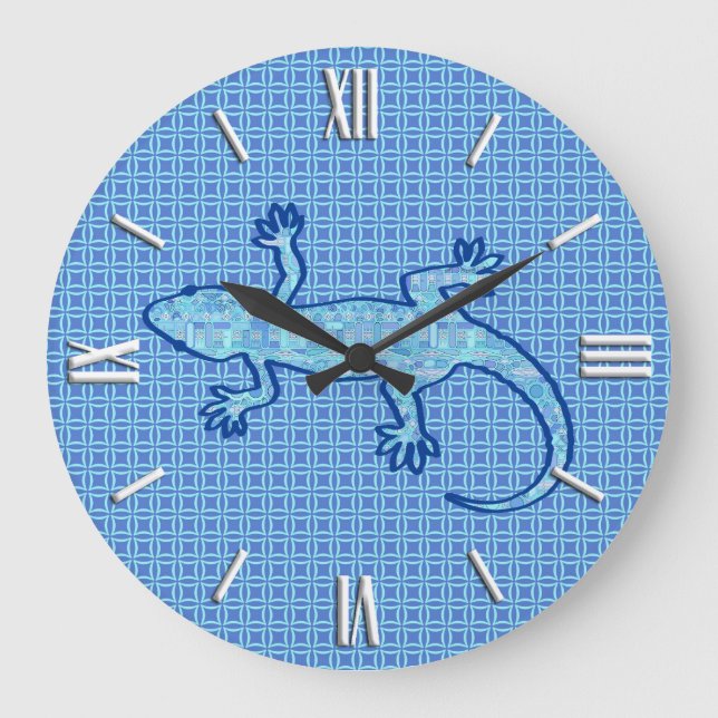 Tribal batik Gecko - soft denim blue Large Clock (Front)