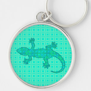 Tribal batik Gecko - turquoise / peacock Key Ring