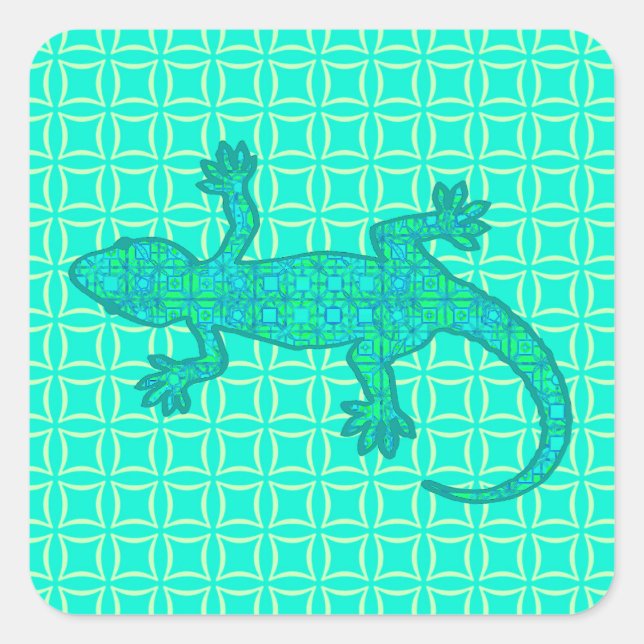 Tribal batik Gecko - turquoise / peacock Square Sticker (Front)