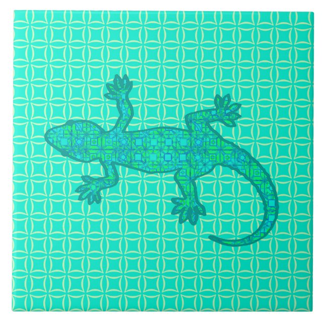 Tribal batik Gecko - turquoise / peacock Tile (Front)
