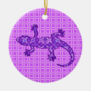 Tribal batik Gecko - violet and amethyst purple Ceramic Tree Decoration