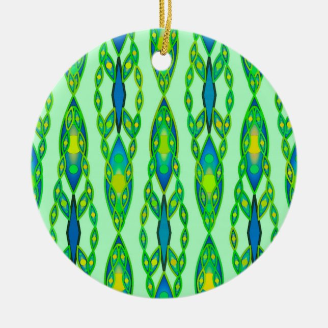 Tribal Batik - Mint, Emerald Green and Blue Ceramic Tree Decoration (Front)