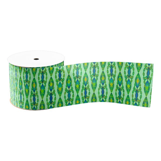 Tribal Batik - Mint, Emerald Green and Blue Grosgrain Ribbon (Spool)