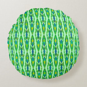 Tribal Batik - Mint, Emerald Green and Blue Round Cushion