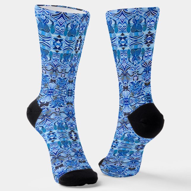 Tribal Batik Pattern in Indigo Blue and White    Socks (Angled)