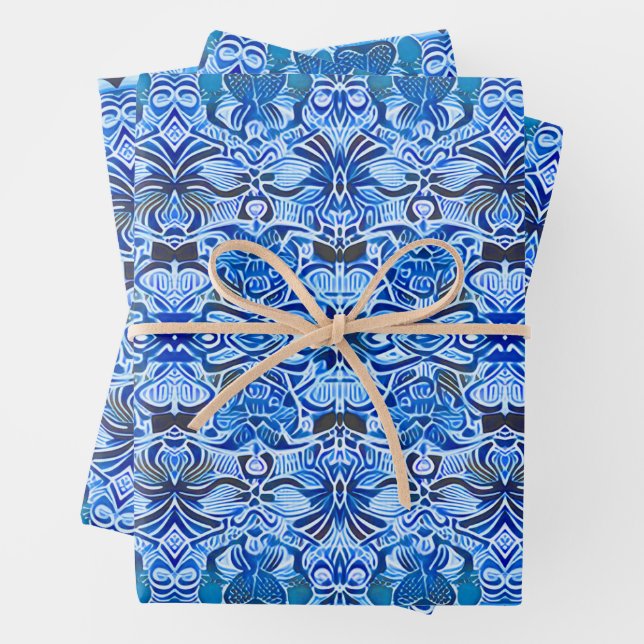 Tribal Batik Pattern in Indigo Blue and White   Wrapping Paper Sheet (In situ)