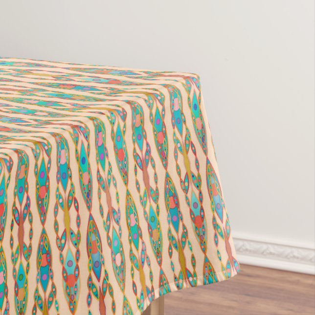 Tribal Batik - Peach Pink and Turquoise Tablecloth (In Situ)
