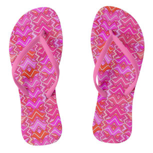 Tribal Batik Print, Fuchsia, Coral Pink, and Red Flip Flops