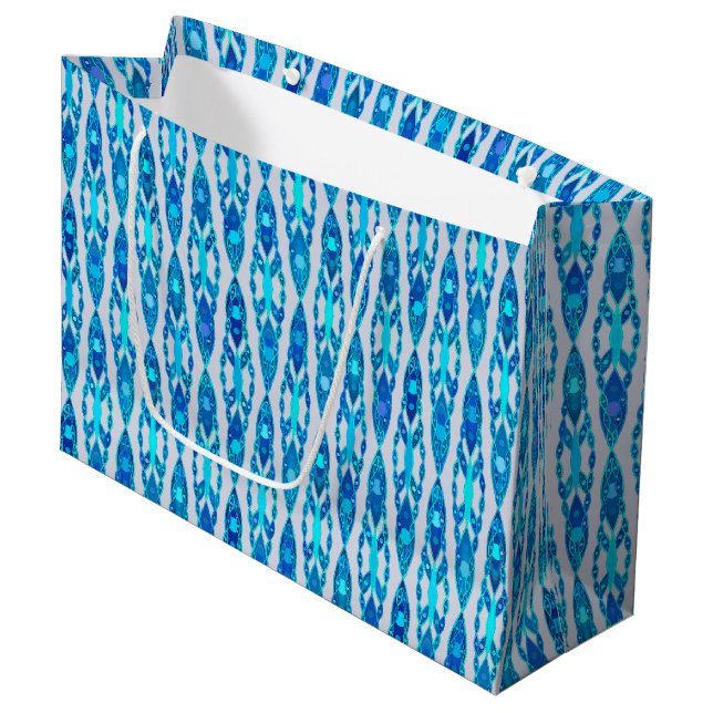 Tribal Batik - Sapphire Blue and Silver Grey Large Gift Bag (Front Angled)