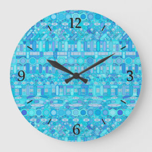Tribal Batik - shades of blue Large Clock