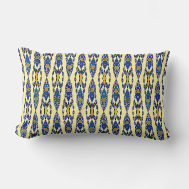 Tribal Batik - Steel Blue, Grey and Yellow Lumbar Cushion (Front)