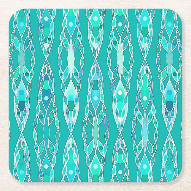 Tribal Batik - Turquoise and Aquamarine Square Paper Coaster (Front)