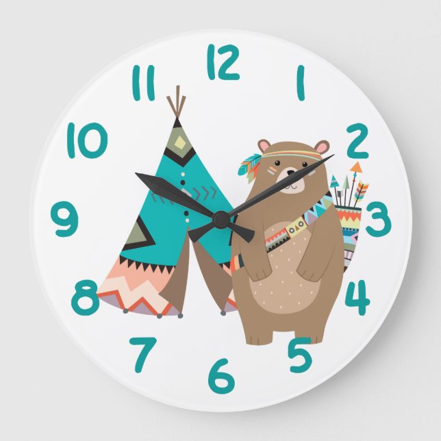 Tribal Bear and Tipi Teal Number Large Clock (Front)