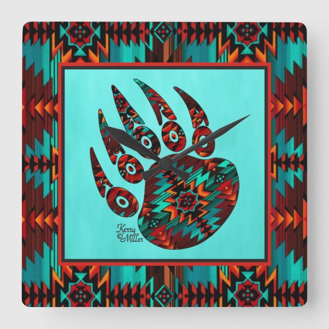 Tribal Bear Paw Square Wall Clock (Front)