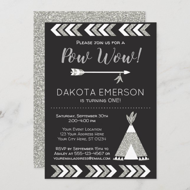 Tribal Birthday Invitation | Black, Silver Pow Wow (Front/Back)