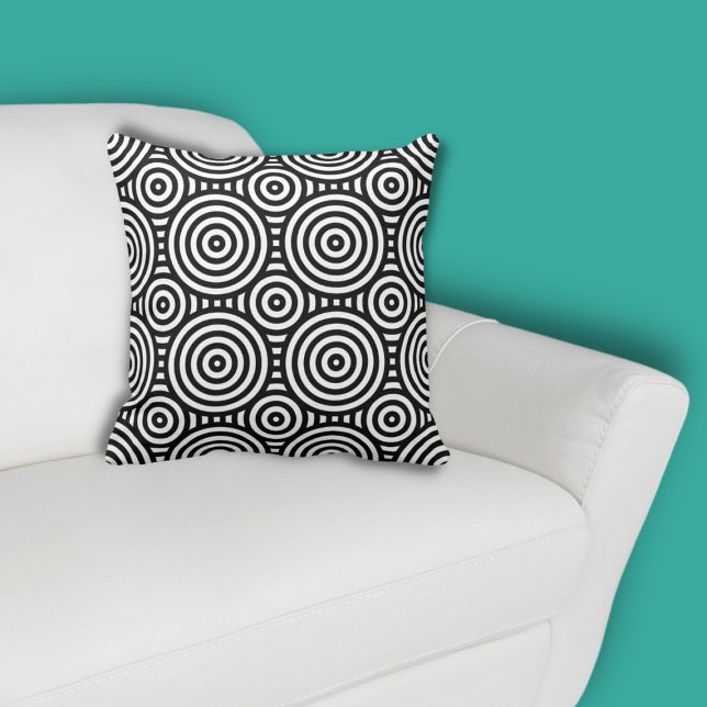 Tribal Black Circle Pattern White  Cushion (Tribal Nested Circle Black Pattern on White Throw Pillow, color customization possible)