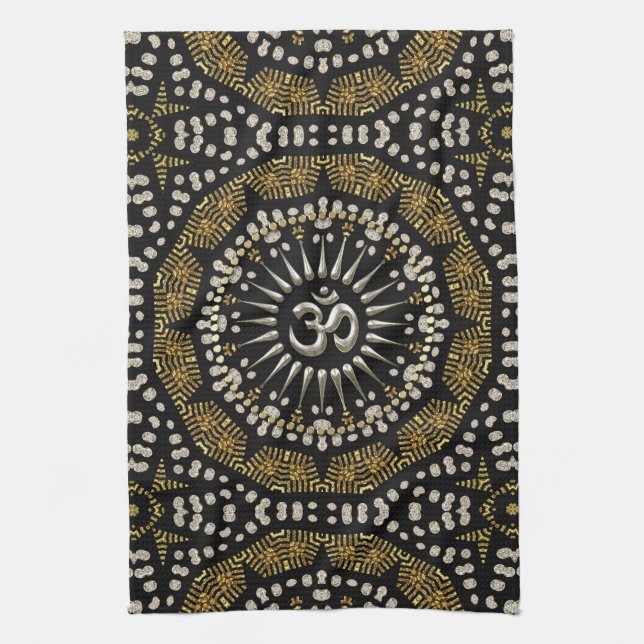 Tribal Black Gold Silver Om Mandala Cloth Banner (Vertical)