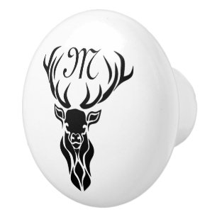 Tribal Black Stag Silhouette Monogram Ceramic Knob