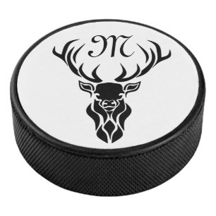 Tribal Black Stag Silhouette Monogram Hockey Puck