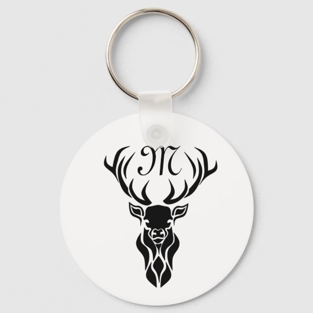 Tribal Black Stag Silhouette Monogram Key Ring (Front)