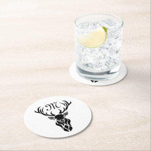 Tribal Black Stag Silhouette Monogram Round Paper Coaster