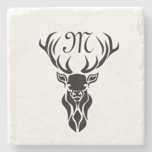Tribal Black Stag Silhouette Monogram Stone Coaster
