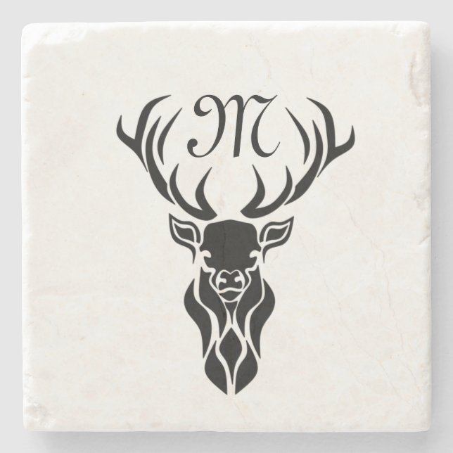 Tribal Black Stag Silhouette Monogram Stone Coaster (Front)