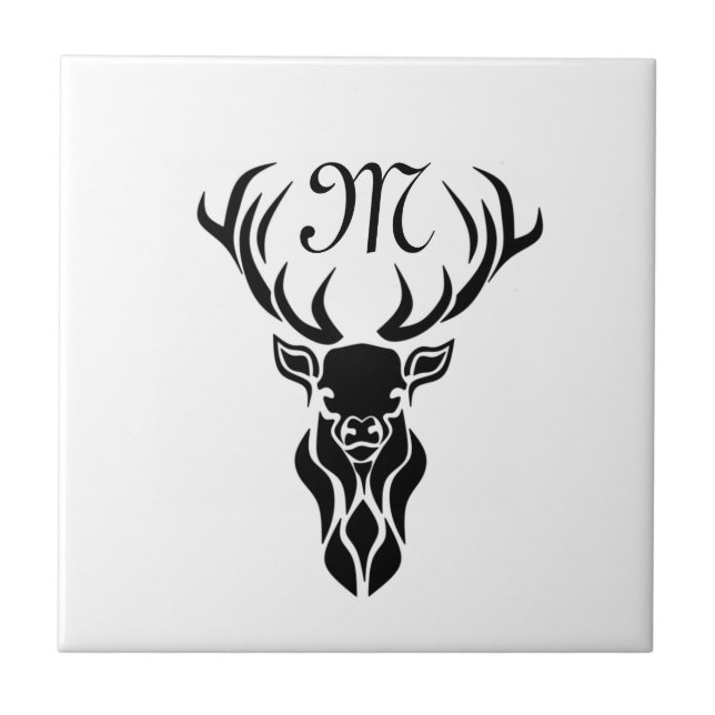 Tribal Black Stag Silhouette Monogram Tile (Front)