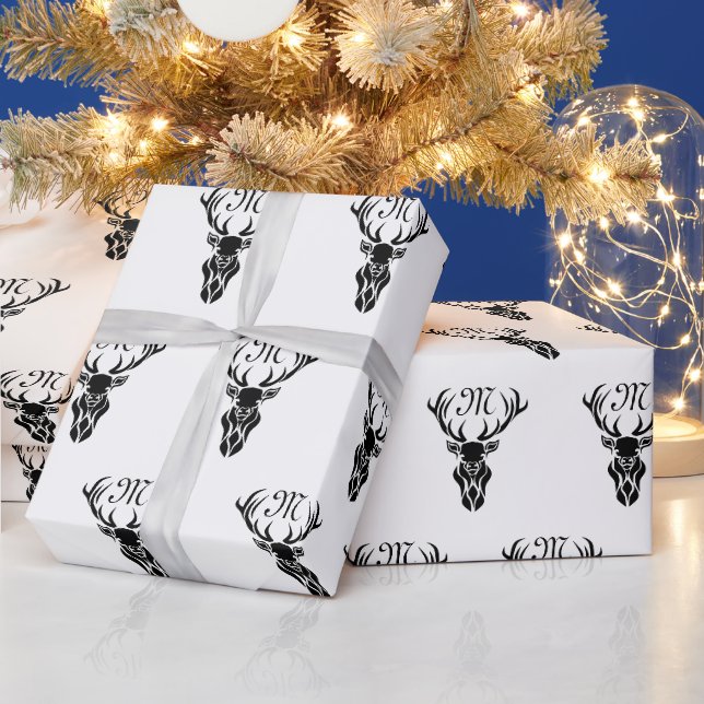 Tribal Black Stag Silhouette Monogram Wrapping Paper (Holidays)