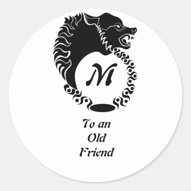 Tribal Black Wolf Head Silhouette Laurel Monogram Classic Round Sticker (Front)