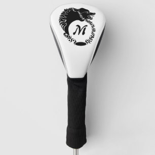Tribal Black Wolf Head Silhouette Laurel Monogram Golf Head Cover
